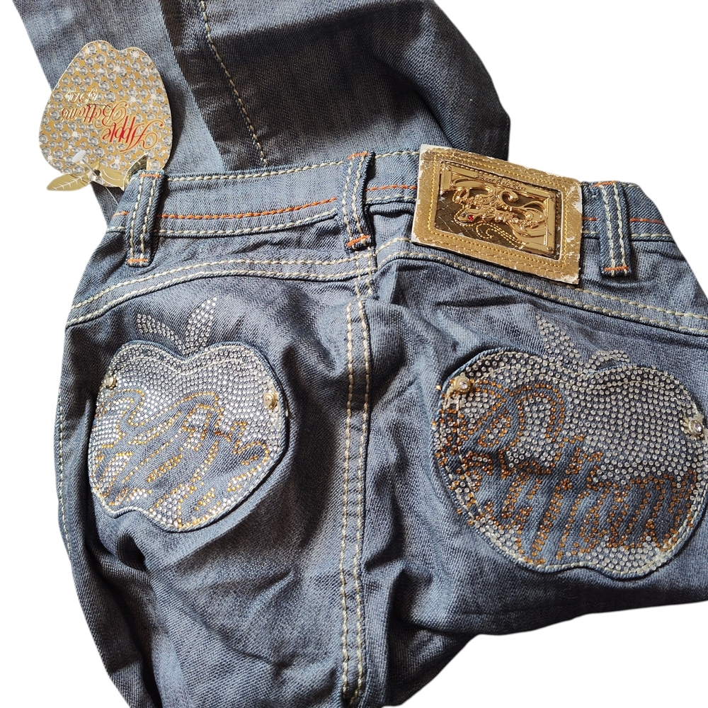 Apple Bottoms Y2K  Blue Jeans with Gold And Rhinstones Details Rare